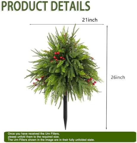 FJAKA 2 Pack 24" Christmas Tree Urn Fillers for Outdoor Planters, Artificial Greenery Cedar Pots with Pine Cones and Red Berry, for Front Porch, Garden, Cemetery Yard and Holiday Decor
