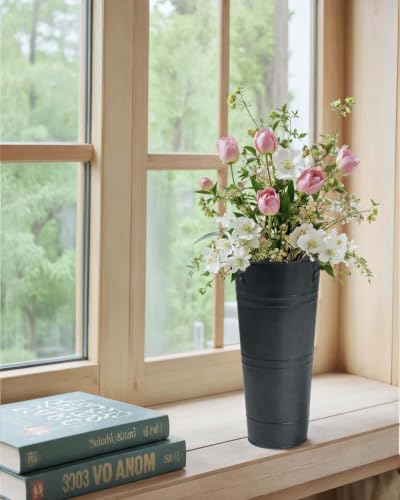 9 Inch Galvanized Flower Bucket, 2 Pack Tabletop Vases for Dried Flowers