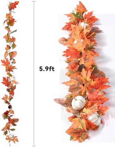 DearHouse 6ft Pumpkin Fall Maple Leaves Garland - Artificial Autumn Foliage Hanging Vine for Thanksgiving, Home, Wedding, Fireplace, Party, Christmas Decor (Orange & Brown)