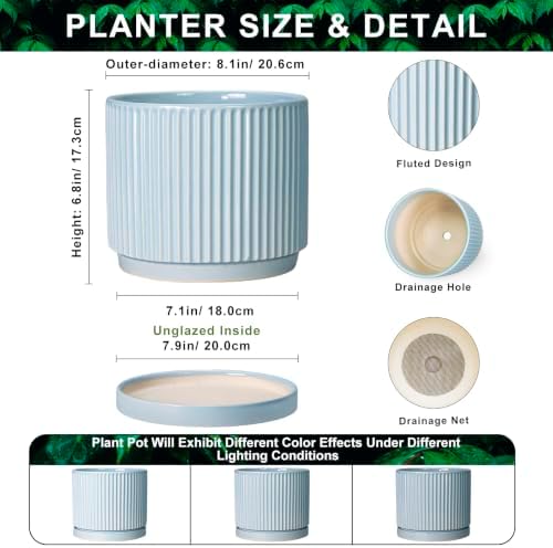 Ceramic Planter, 8 Inch Flower Pots, Round Plant Pot, Light Blue