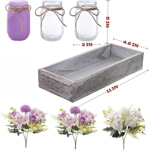 LUEUR Mason Jar Lights Centerpiece with Purple Rose in Wood Tray