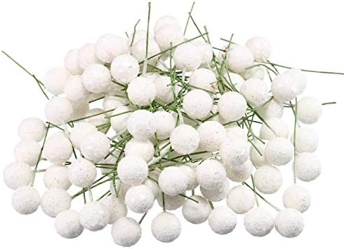 BBTO Artificial Holly Berries, 100 Pieces Mini 10 mm Fake Berries Decor on Wire for Christmas Tree Decorations Flower Wreath DIY Craft Use (Sequined White)