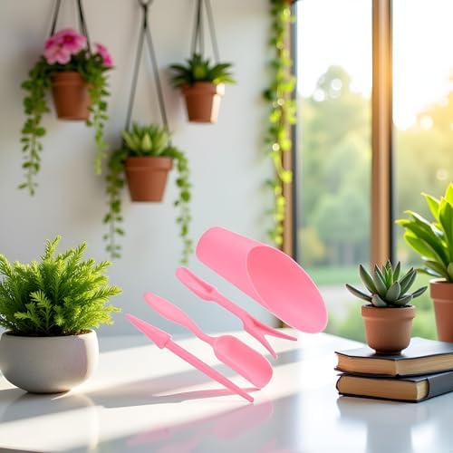 4 Pcs Pink Set Mini Garden Soil Spoon Plastic Planting/Transplanting Garden Tool Set Indoor Mini Garden Plant Care Shovel Soil Cup Bucket Shovel Transplanting Tool Gardening Shovels