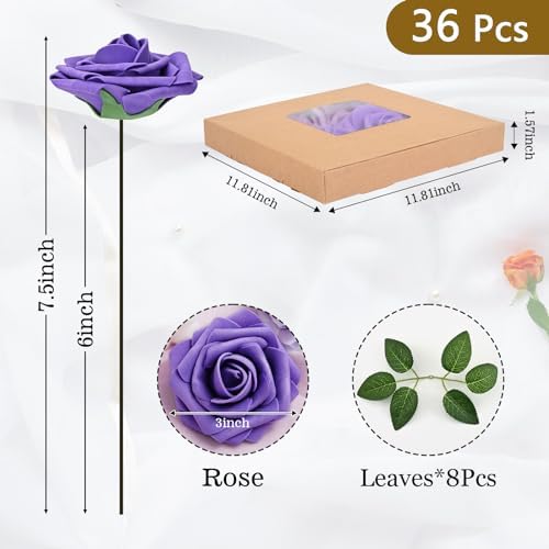 BLEUM CADE 36Pcs Artificial Flowers Fake Foam Roses with Stems for Wedding