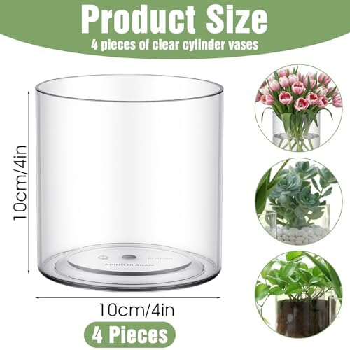 4 Pack Flower Acrylic Vase Cylinders Round Decorative Clear Vase Break Resistant Acrylic Flower Cylinder for Centerpieces Floral Home Wedding Table Decoration