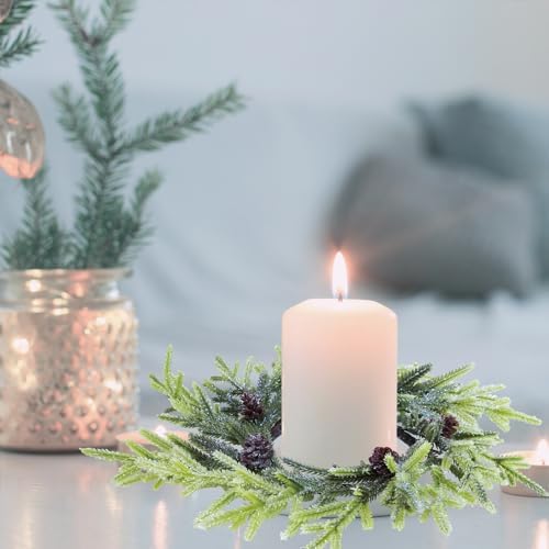 Winlyn 4 Pcs Artificial Frosted Twig Candle Rings Christmas Candle Holder Rings Wreaths Faux Twigs Wreath Glitter Mini Pinecones 10" Wide for Holiday Winter Seasonal Décor