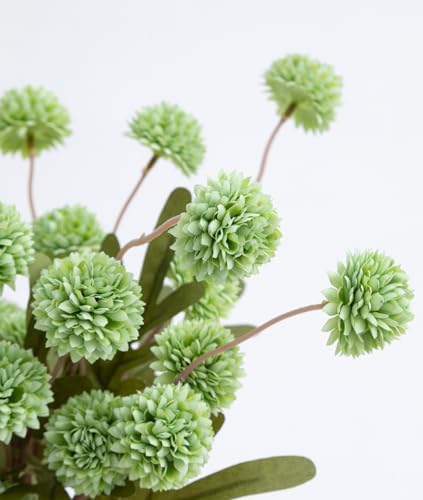 Laelfe Artificial Pompon Mum, 5Pcs Fake Kiku Flowers Silk Small Mini Chrysanthemum Ball Faux Mum Decor for Vase Filler DIY Bouquet Centerpieces Arrangements Shower (Green)