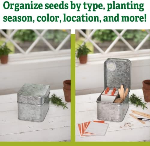 Gardener's Supply Company Galvanized Seed Saver Kit | 8" L x 6-1/2" W x 6-3/4" H Steel Box Keeps Seeds Organized | Includes Paper Envelopes and Dividers