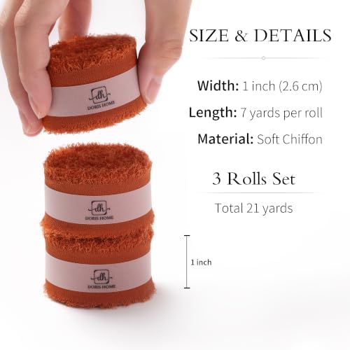 DORIS HOME Handmade Frayed Fringe Chiffon Ribbon 1" x 21Yd Terracotta
