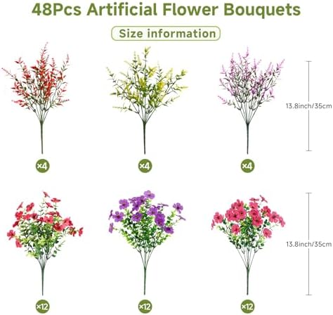 SHareconn 48 Bundles Artificial Flowers for Outdoors UV Resistant Decor