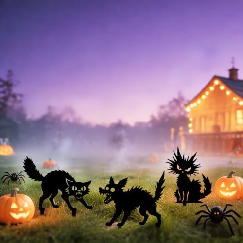 GLOBLELAND 3 Pcs Halloween Cats Dog Garden Stakes Black Cats Dog Silhouette Metal Decorative Garden Stakes Metal Yard Signs Halloween Animal Decorations for Holiday Lawn Patio Yard Decor