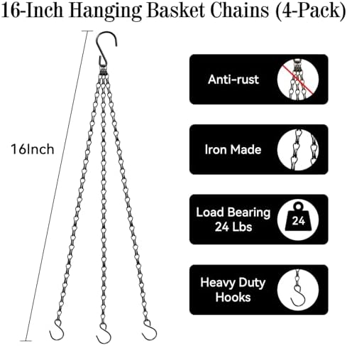 ZeeDix 4 Pack, 16 Inch Hanging Basket Chain with 3 Hooks