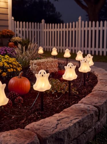 Goothy Halloween Ghosts Pathway Marker Lights, 4 White Ghosts with 4 Stakes, 7Ft Extendable Pathway String Lights, Waterproof for Halloween Lawn Walkway Driveway Markers