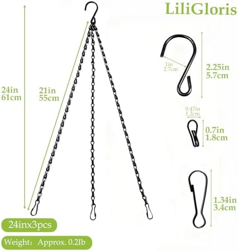 3 Pack 24 Inch Adjustable Hanging Plant Chains with Clips Hooks Black Metal Replacement Chains for Flower Pots Bird Feeders Baskets Lanterns Wind Chimes Indoor Outdoor Use（Locking Hook）