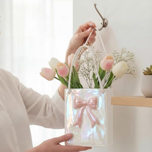 Pink Bow Handbag Flower Vase 7.16 Inch Ceramic Purse Vase Hanging Coquette Decor Valentine Centerpiece for Table Shelf Living Room Women Girl Gifts