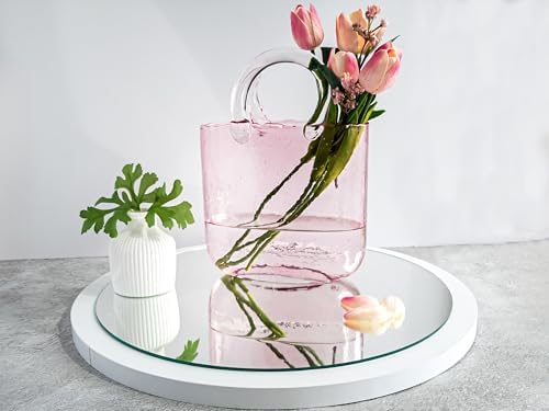 OLEEK Handmade Glass Purse Vase for Flowers and Drinks - 10 in - Cute Pink Centerpiece & Fish Bowl - Unique Handbag Flower Vase - Wide Mouth Decorative