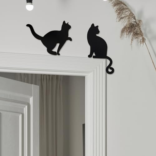 Kercan Black Cat Wall Decor Set of 2, Minimalist Cat Silhouette Door Frame Art, Wooden Cat Wall Hanging for Bedroom Bathroom Living Room Home Decoration