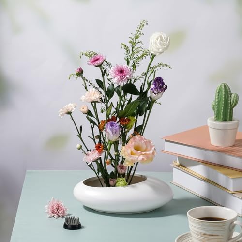 8 Inch Ikebana Vase with Flower Frog White Ceramic Bowl Vases with Silver Stem Holder and Kenzan Straightener Japanese Pebble Shaped Floral Arrangement Bowl for Home Decor