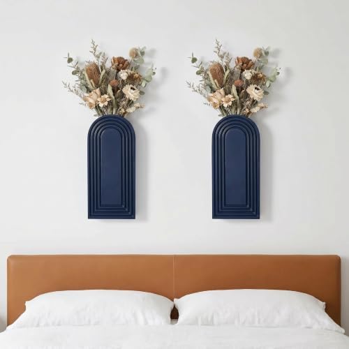 Dnnnii 2 Pack Wooden Wall Vase Set - Blue Finish Modern Farmhouse & Boho Wall Decor for Entryway, Hallway, Bathroom, Living Room, Dining Room, Narrow Spaces