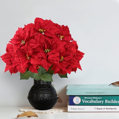 Sggvecsy Artificial Christmas Poinsettia Flowers 9.8’’ Large Heads 6 Pcs Red Velvet Fake Plants with Greenery Leaves Faux Silk Christmas Poinsettia Bouquets for Home Vase Indoor Outdoor Xmas Decor