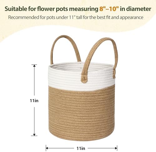 Woven Basket for Plant, 11"x11" Planter Basket for 10" Pot, Indoor Boho Artificial Tree Planter, Round 10 inch Flower Pot Cover, Rattan Holder with Handle for Plants, Jute Spliced Cotton Rope