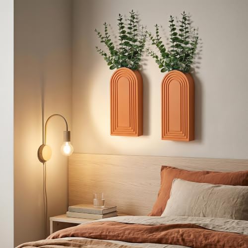 Dnnnii 2 Pack Wooden Wall Vase Set - Orange Finish Modern Farmhouse & Boho Wall Decor for Entryway, Hallway, Bathroom, Living Room, Dining Room, Narrow Spaces