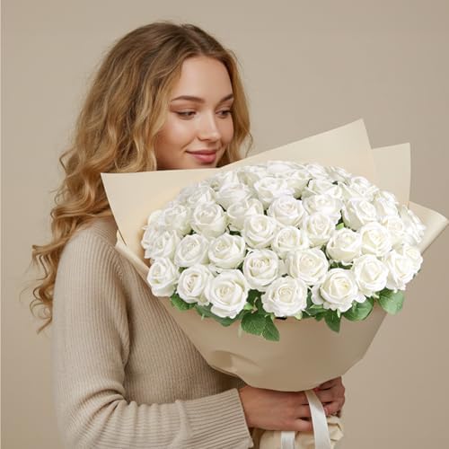 Auihiay 64PCS White Roses Artificial Flower, Fake Silk Roses