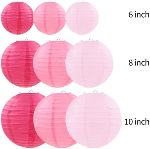 Pink Paper Lanterns Decorative, Pink Hanging Round Paper Lanterns for Wedding Bridal Baby Shower Valentines Day Gender Reveal (9 PCS)