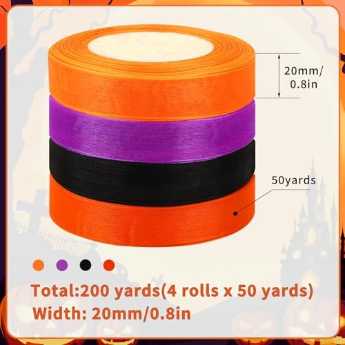 DECYOOL 4 Rolls 200 Yards Halloween Ribbon, Black and Orange Organza Set