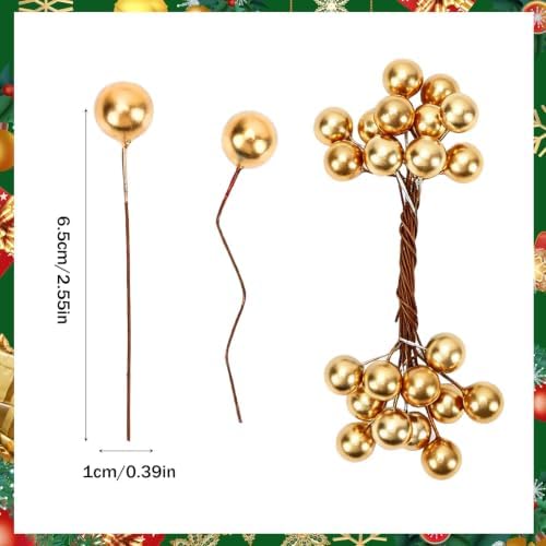 JULBEAR 300 Pcs Gold Artificial Holly Berries on Wire Stems for Crafts