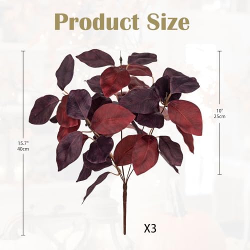 Briful 3 PCS Fall Leaves Artificial Magnolia Leaf Bush, 15" Burgundy Autumn Fake Greenery Picks for Vase Floral Arrangement Kitchen Table Home Fall Decoration