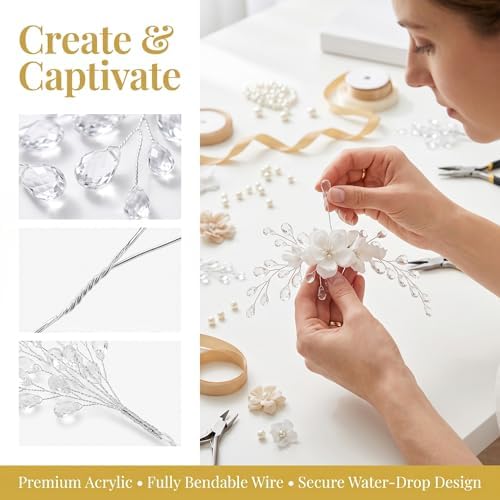VOSAREA 50pcs Crystal Floral Picks: Flexible 3-Strand Artificial Bouquet Stems with Acrylic Bead Drops for Wedding Decor and DIY Crafts - White 6.69 Inch (Pack of 2)