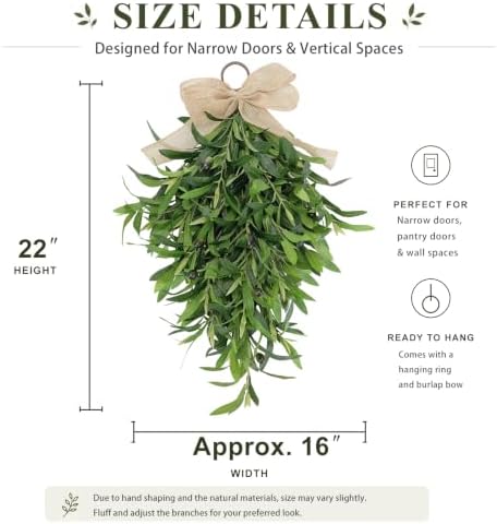2 Pack 22 Inch Olive Branch Swag for Front Door, Artificial Teardrop Wreaths with Burlap Bow, Faux Greenery Front Door Swag for Spring Summer Farmhouse Covered Porch Wall