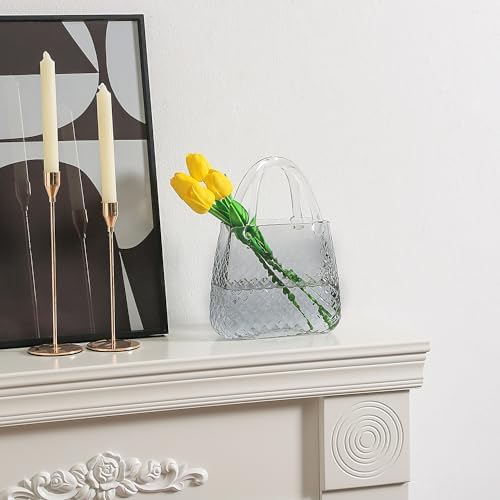 Purse Vase, Glass Bag Vase, Glass Purse Vases for Flowers, Black Glass Vases, 12 Inch Large Flower Vases with Embossed Pattern for Wedding, Living Room, Bedroom, Table, Office(Round)