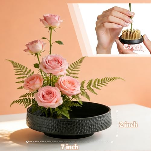 Japanese Ikebana Vase Kit, Flower Shallow Container Ceramics Ikebana Vase with 1.57inch Flower Frog and Floristry Floral Frog Kenzan Needle Straightening Tool (Hammer Pattern Bowl)