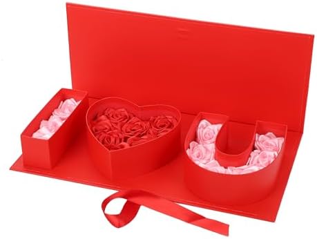 Valentines Day Flower Gift Box I HEART U Letter Large Flower Boxes with Ribbon for Christmas, Wedding Party, Mothers Birthday Love Favors, Bridal Shower Chocolate Packaging, Rose Bouquet Present (Red)