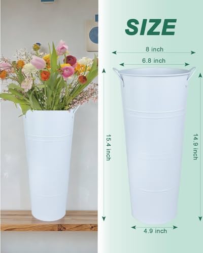 15 Inch Tall Galvanized Flower Bucket, 2 Pack Metal Vases for Dried Flowers