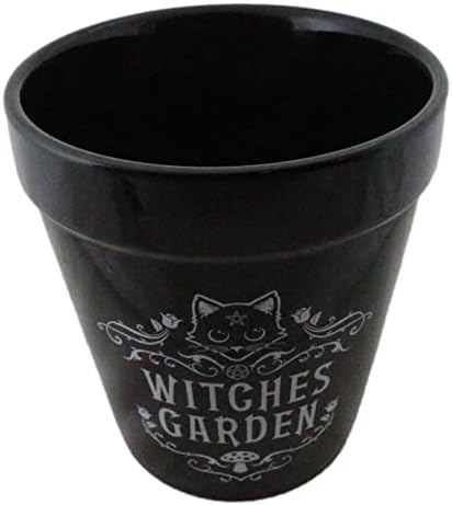 Ebros Gift Wicca Witchcraft Gothic Magic Black Ceramic Planter Pot Vase Floral Container Alchemy Occult Potter Flowerpot Green Thumb Gardening Home Accent (Feline Cat Witches Garden)