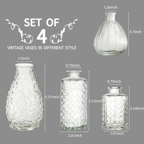 Glass Bud Vases Set of 4,Small Vase for Flowers,Mini Vases (A)
