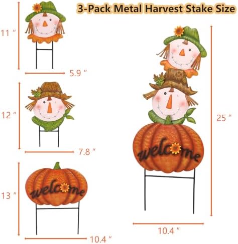 3 pcs Metal Fall Garden Stakes, Scarecrow & Pumpkin Fall Outdoor Decor