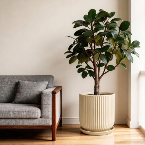 Deep Dream 10 Inch Ceramic Pots for Plants, Heavy Plant Pot for Indoor Outdoor Plants, Large Plant Pot with Drainage Hole and Saucer, Modern Tall Flower Pot, Gifts for Plant Lovers, Cream