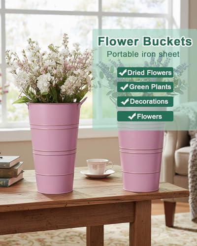 12 Inch Galvanized Metal Vase, 6 Pack Tall Flower Buckets with Handles