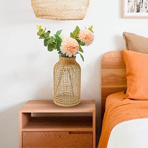 MDEOOSKY Straw Woven Glass Vase 7.87''x1.96''x4.13''Boho Glass Flower Vase Country Rustic Style Vase Glass Vase for Floral Arrangements Bottle Height (B Style 7.87IN)