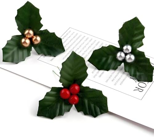 10Pcs Christmas Holly Berries Faux Berry Flowers with Leaves Xmas Berry Picks Christmas Wreath Branches Vase Fillers, Artificial Flowers (Gold)