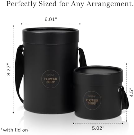 4 Flower Bouquet Hat Boxes | 2 Per Size Round Floral Arrangement Vase | Satin Ribbon Handle & Waterproof Liner | Gift Box for Flowers with Lids | Black