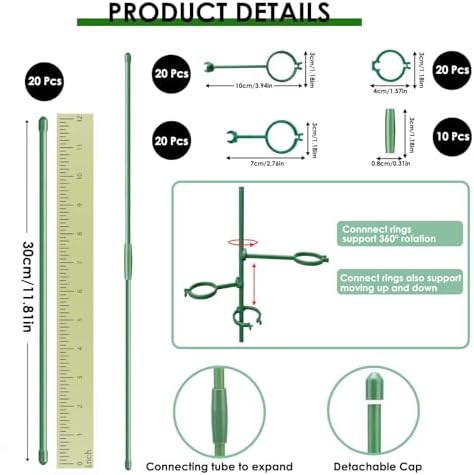 20 Set Plant Stakes 12 inch Extendable Plant Support Stakes with Adjustable Clips Rings, Flower Stem Plant Support Sticks for Indoor Outdoor Plants Stabilizer Garden Sticks for Orchid Rose Tomato