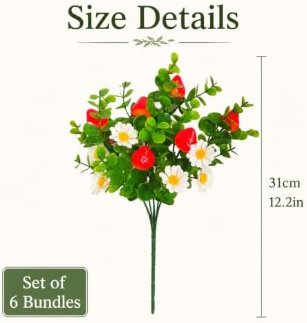 6 Pcs Artificial Strawberry Branches, Artificial Eucalyptus Flower Stems with Berries, Faux Greenery Daisy Picks for Vase Wreath Wedding Home Decor