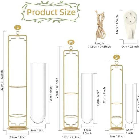 MIPON Metal Hanging Plant Propagation Station,3 Size Glass Test Tube Hydroponic Planter,Boho Wall Hanging Plant Cuttings Holder,Indoor Water Plant Terrarium Tubes for Home Office Window Decor-Gold