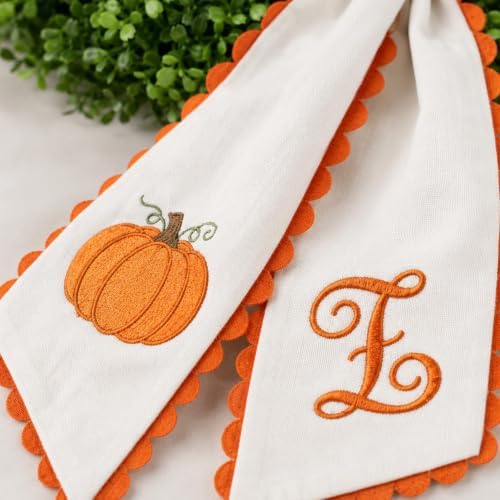 Halloween Pumpkin Wreath Sash Fall Front Door Orange Bow Decor Soft Cotton Feel Fabric Raised Embroidery Scalloped Trim Seasonal Accent Initials (B)