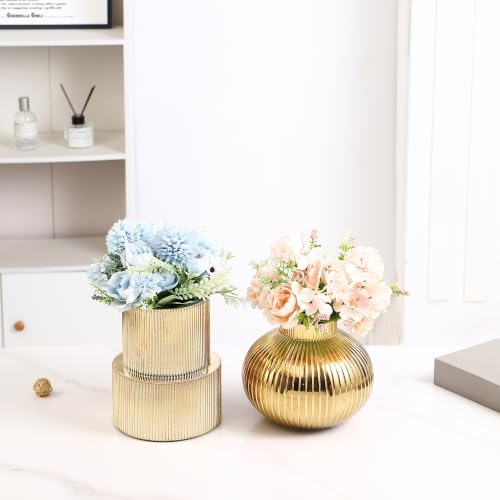 Ribbed Glass Vases, Set of 2 Fluted Vases for Flowers, Gold Glass Vase for Tulips, Modern Vase for Living Room, Kitchen, Office, Entryway, Mantle, Bookshelf, Wedding Gifts, Birthday